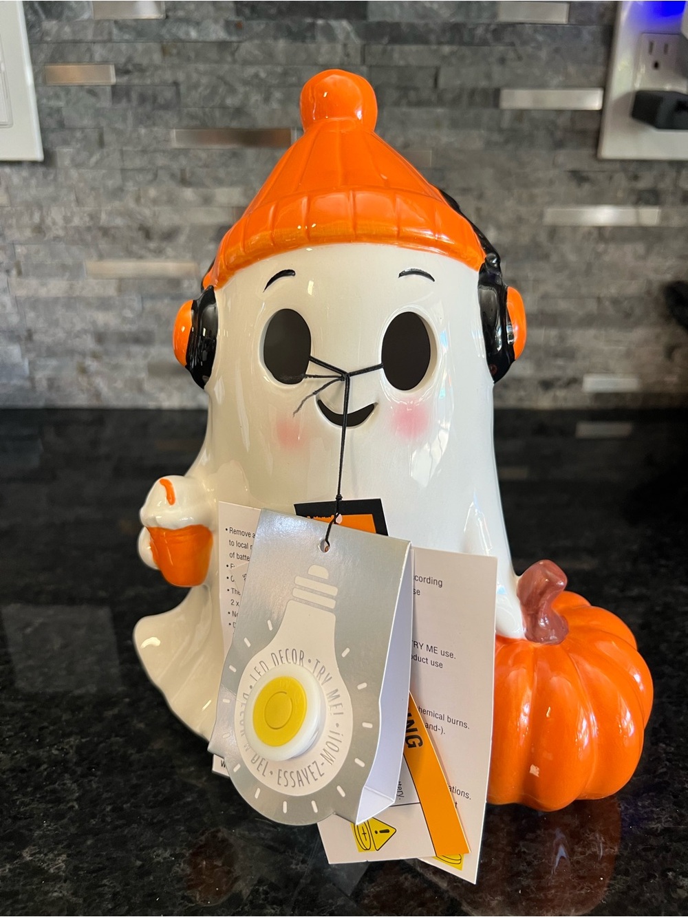 GHOULISH LED Light Up Ceramic Ghost With Headphones, Coffee & Pumpkin